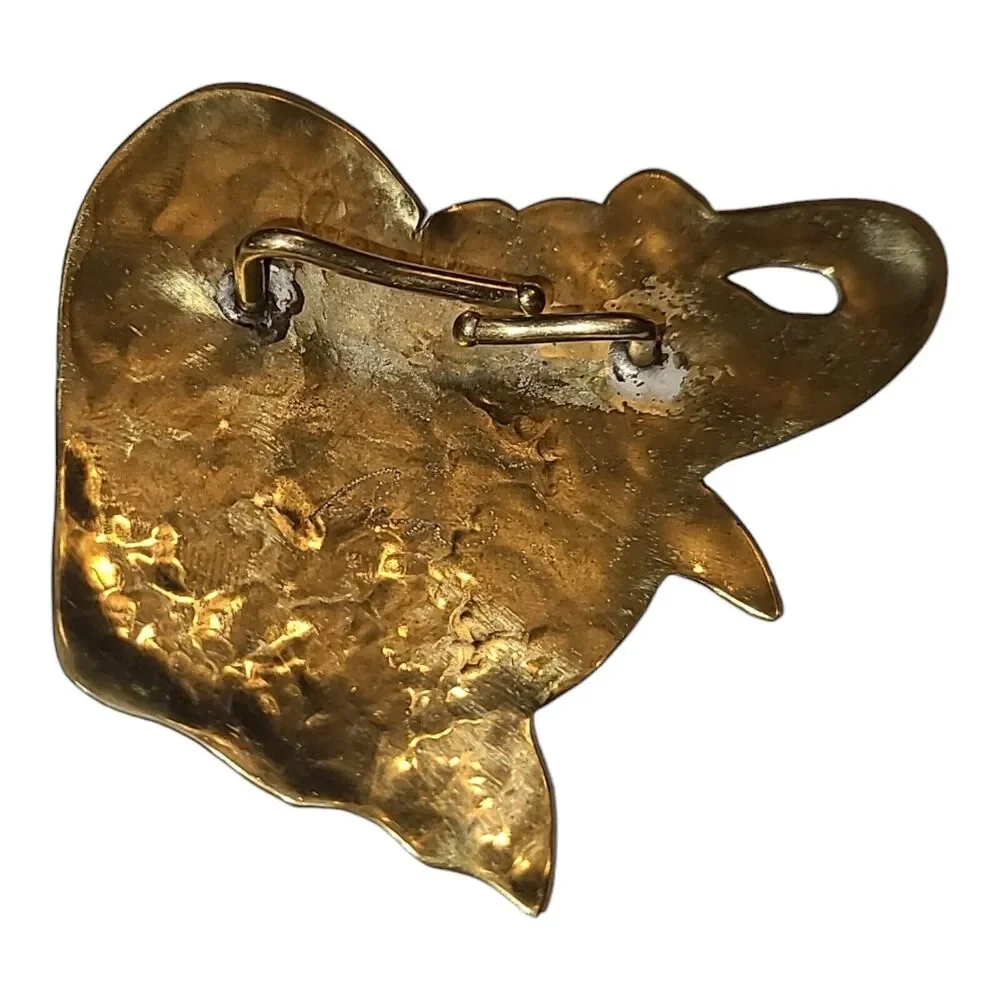 Vintage Modernist Gold Tone Elephant Stretch Belt Buckle Artisan Signed Trunk Up